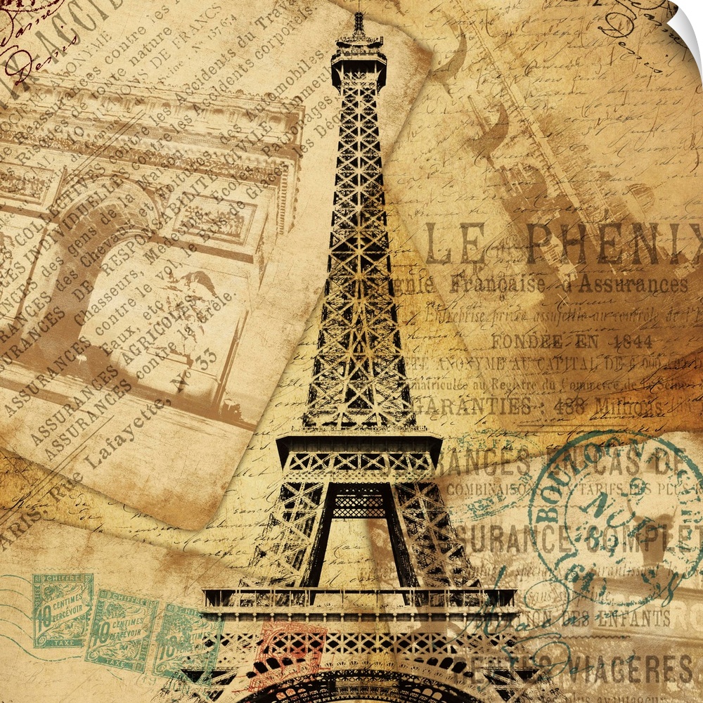 Contemporary artwork of the Eiffel Tower against travel and postage documentation in sepia tone.