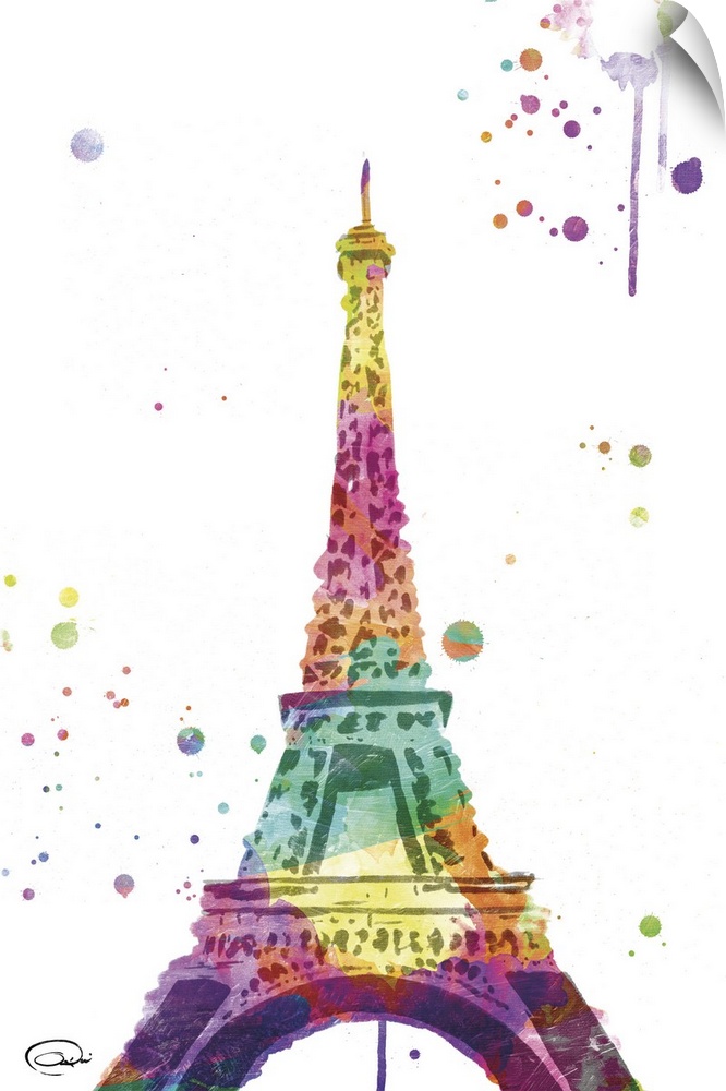 Rainbow watercolor image of the Eiffel Tower.