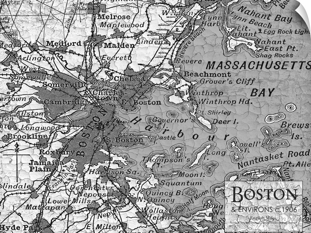 Rustic contemporary art map of Boston districts, in black and white.