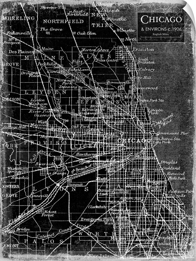 Rustic contemporary art map of Chicago districts, in black and white.