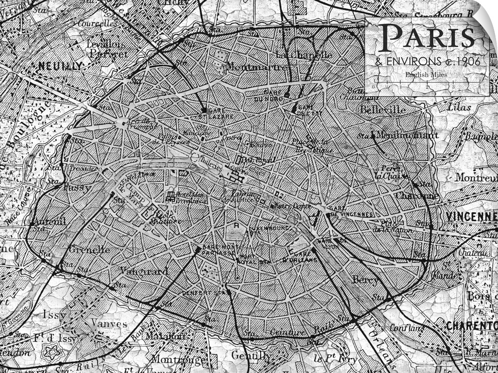 Rustic contemporary art map of Paris districts, in black and white.