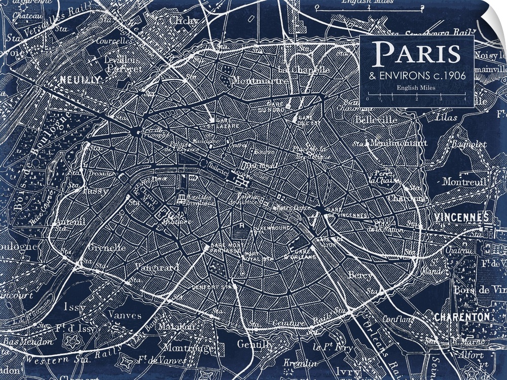 Rustic contemporary art map of Paris districts, in cool tones.