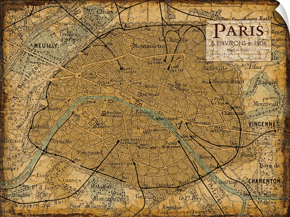 Rustic contemporary art map of Paris districts, in earthy tones