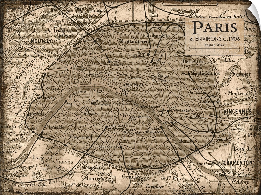 Rustic contemporary art map of Paris districts, in warm tones.