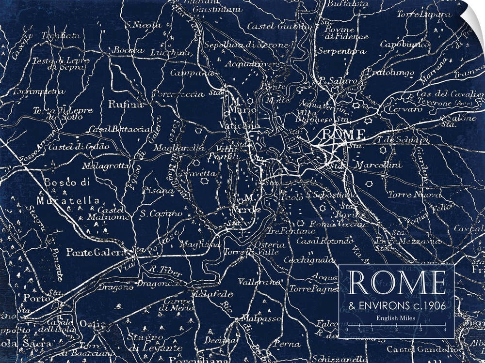 Rustic contemporary art map of Rome districts, in cool tones.