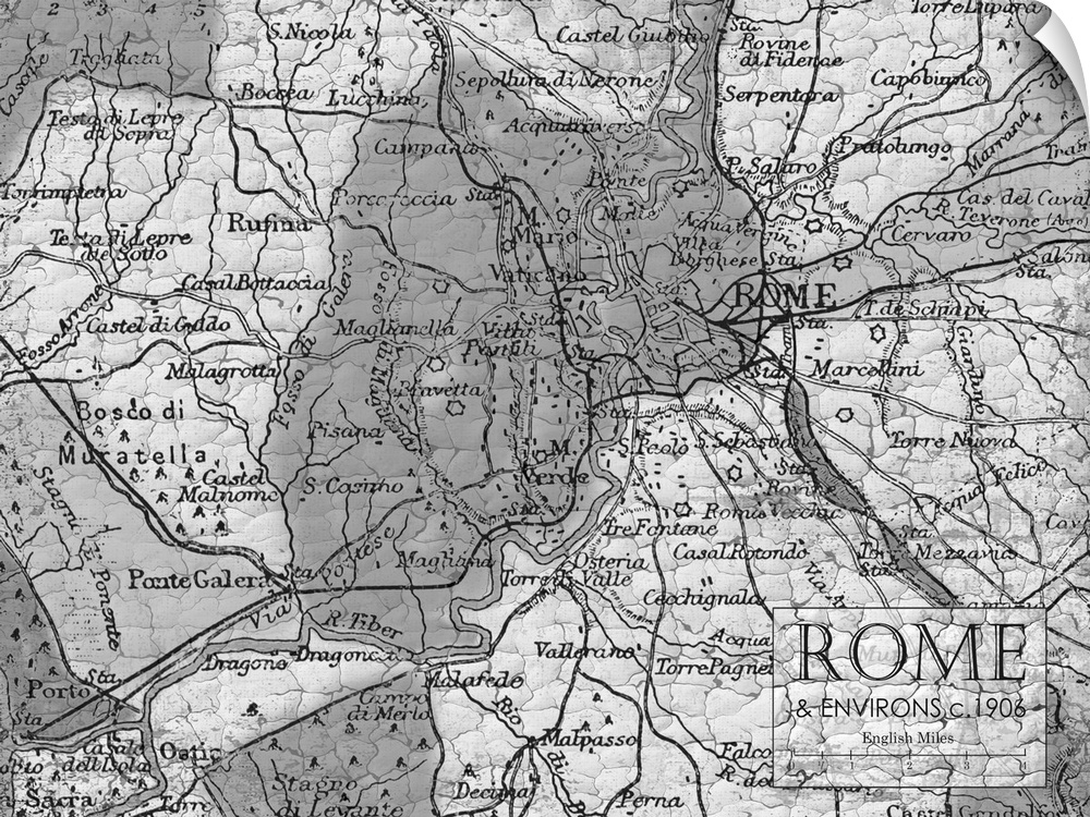 Rustic contemporary art map of Rome districts, in black and white.