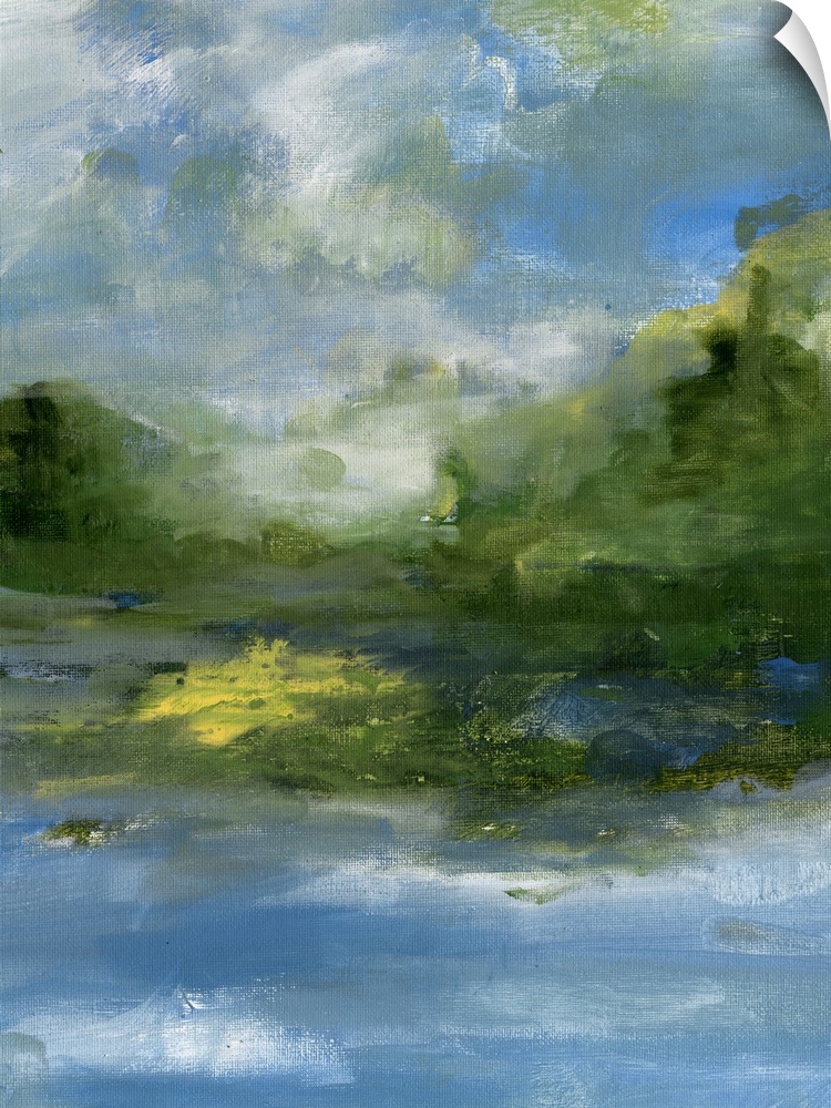 Contemporary landscape painting of a lake with verdant hills and a cloudy sky.