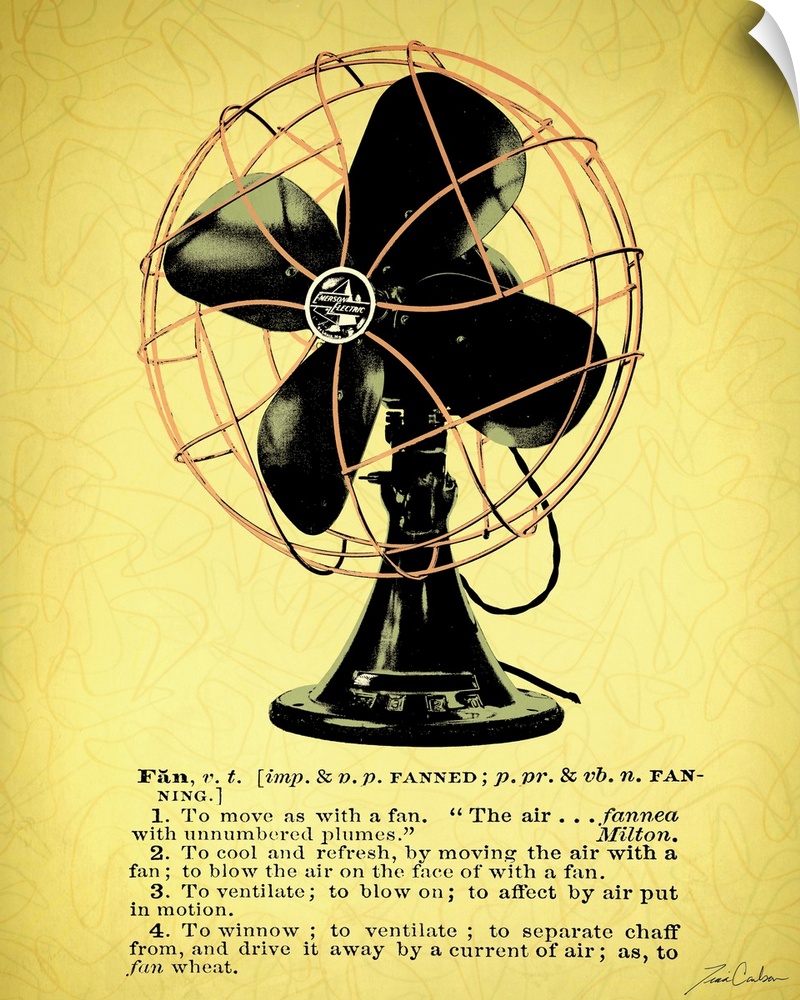 Retro-style illustration of a desk fan with the dictionary definition below the image.