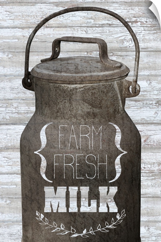 "Farm Fresh Milk" text on a milk bucket over a wood plank background.