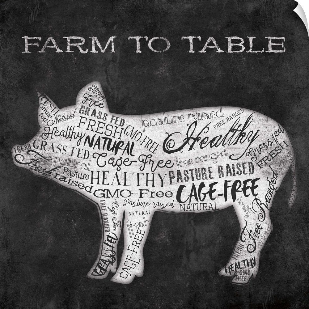 Folksy home decor artwork of a pig in silhouette with typography in the silhouette.