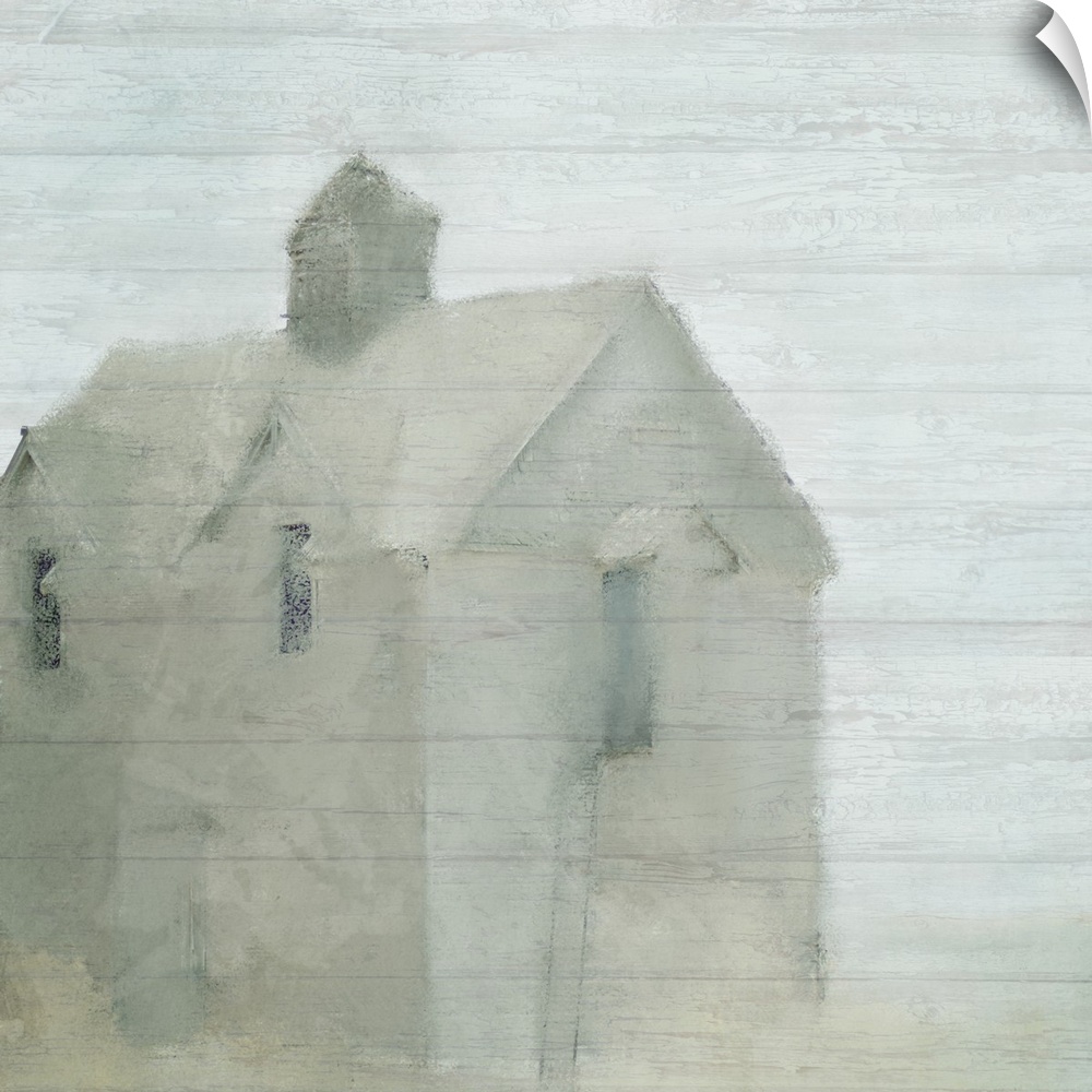An image in shades of gray of a farmhouse over a wood plank background.