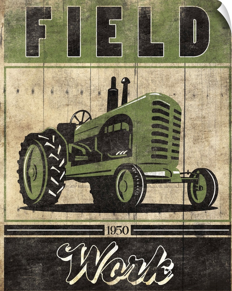 Vintage weathered, rustic looking sign, with a green tractor and the text "Field" above it.