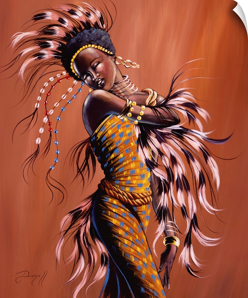 Contemporary African painting of a woman in traditional festival dress dancing.