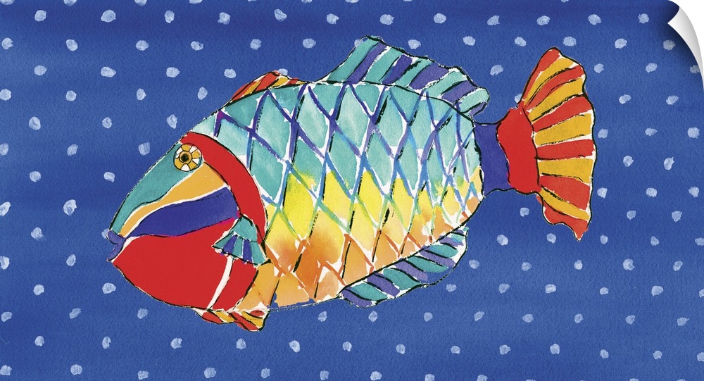 Contemporary piece of art of tropical fish against a polka dot background.