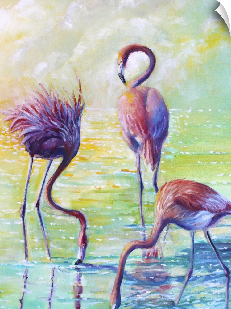 Contemporary colorful painting of vibrant pink flamingo standing in still shallow water.
