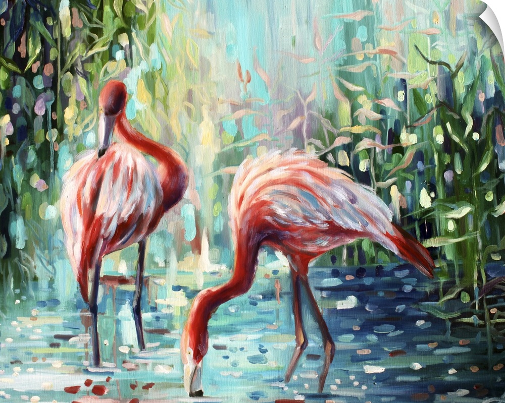 Contemporary painting of flamingos standing in shallow jungle waters.