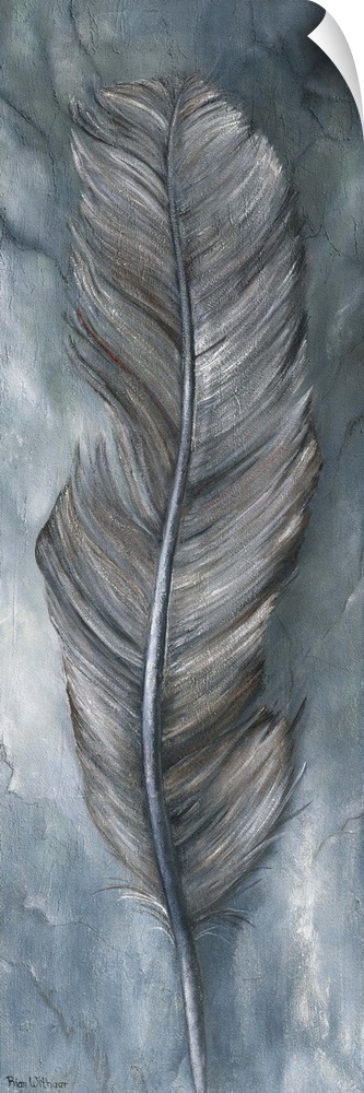 Contemporary painting of a long wispy feather in blue and silver tones.