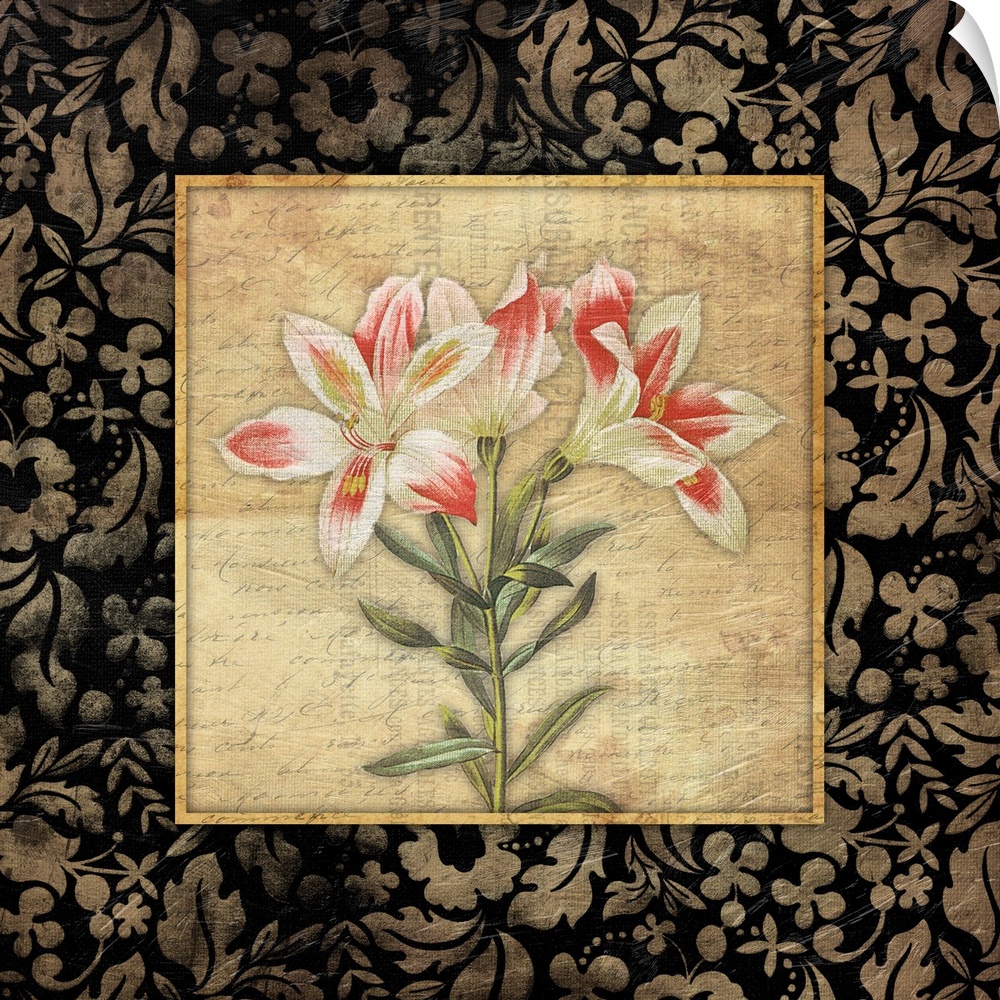 Flower on weathered background, surrounded by floral pattern.