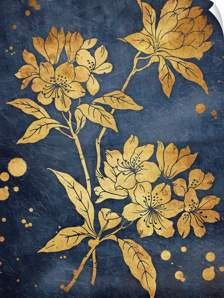 Gold tone flowers illustrated on a navy blue background.