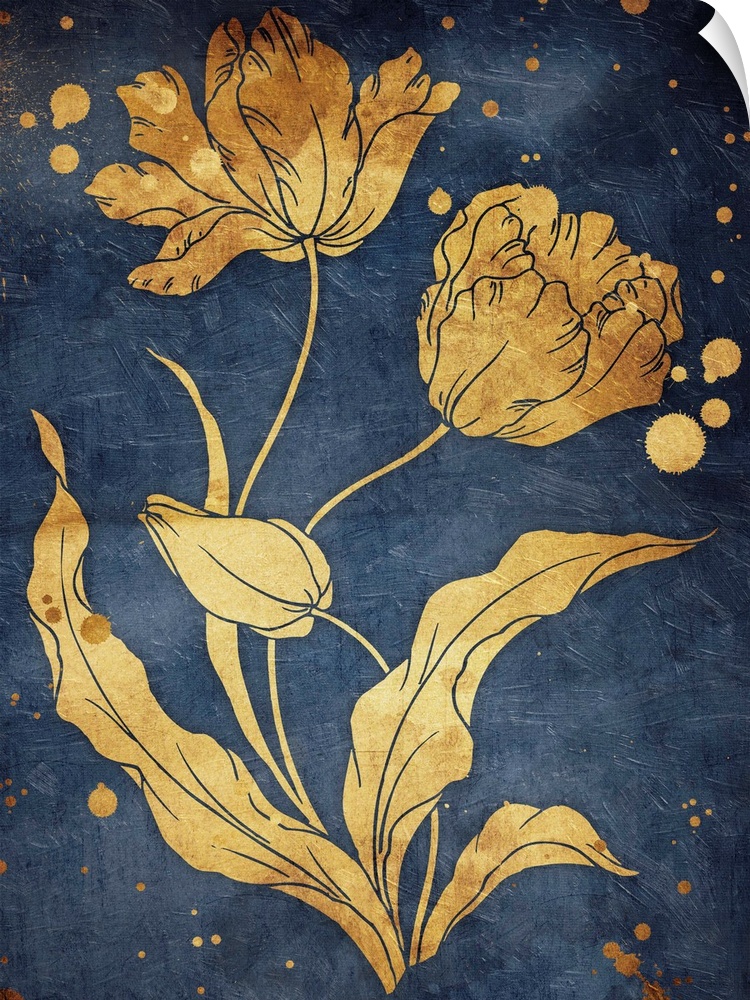 Gold tone tulips illustrated on a navy blue background.