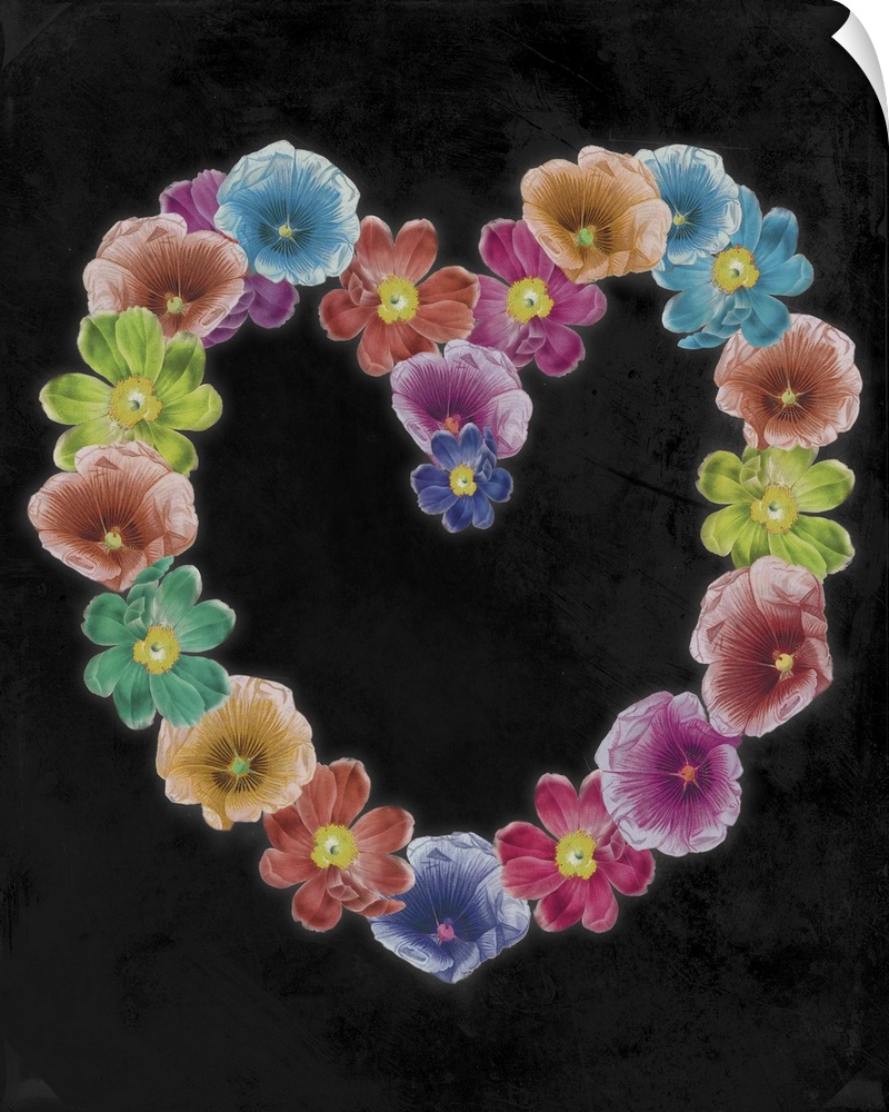 Artwork of wreath in the shape of a heart made of tropical flowers, against a black background.