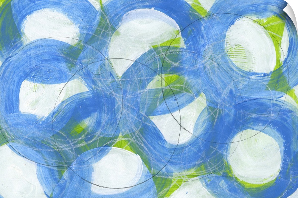 Contemporary abstract artwork made of several large rings in blue tones.