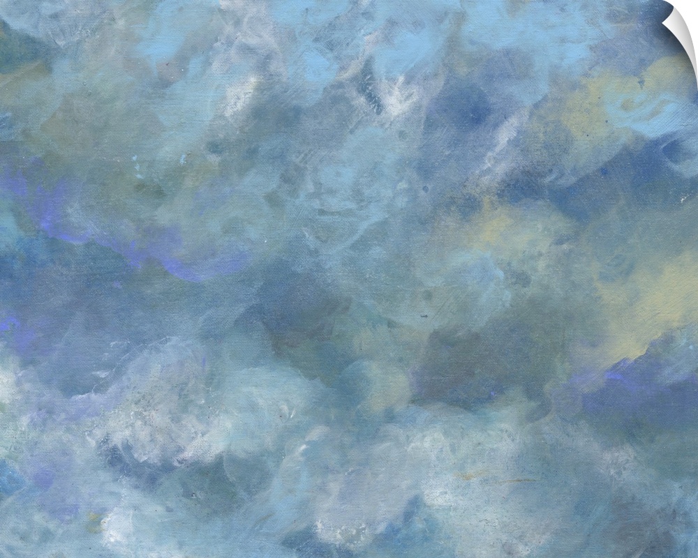 Contemporary painting of a cloudy sky in shades of blue and grey.