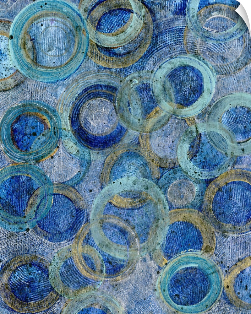 Contemporary abstract artwork of several overlapping rings in blue and gold tones.