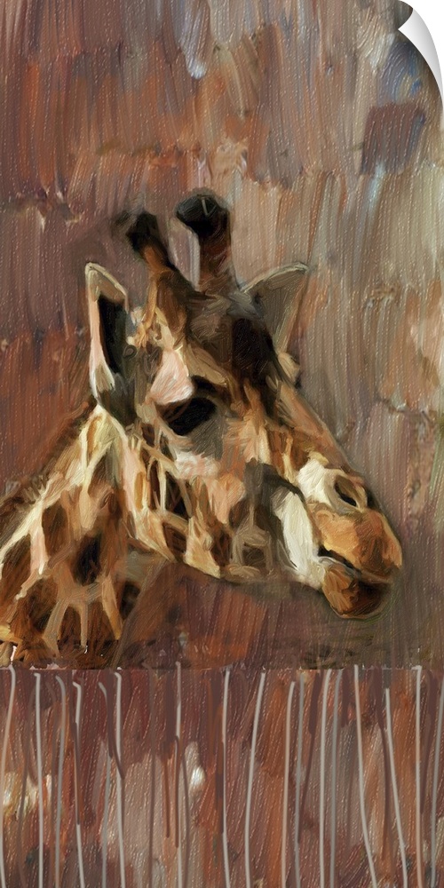 Portrait of a giraffe in low light on brown.