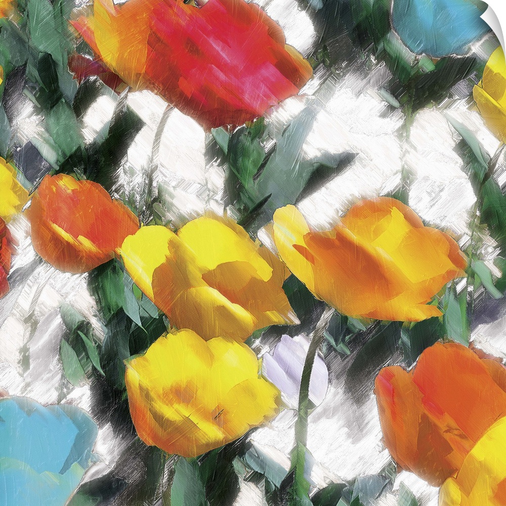 A bright and colorful abstract painting of yellow, orange, red, and blue flowers on a white background.