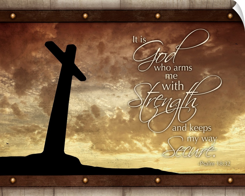 Scripture art with the silhouette of a giant cross in the background, against a sunset sky