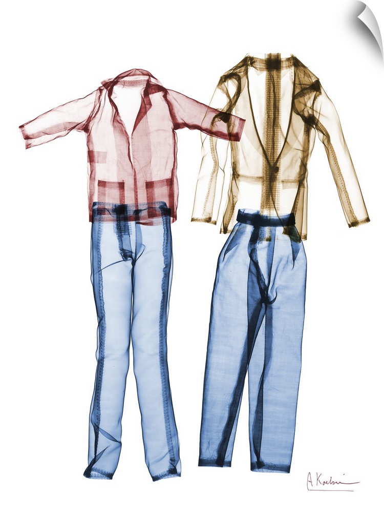 Vertical x-ray photograph of two sets of clothing, against a light background.