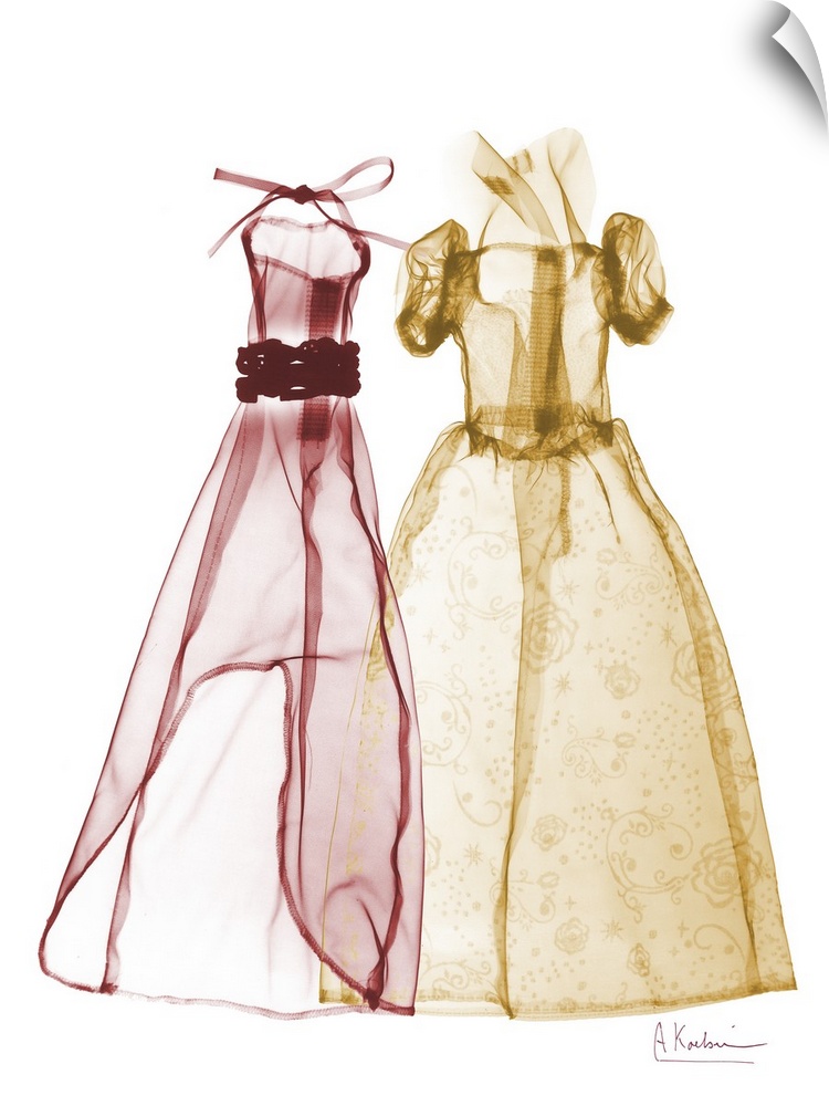 Vertical x-ray photograph of two dresses, against a light background.