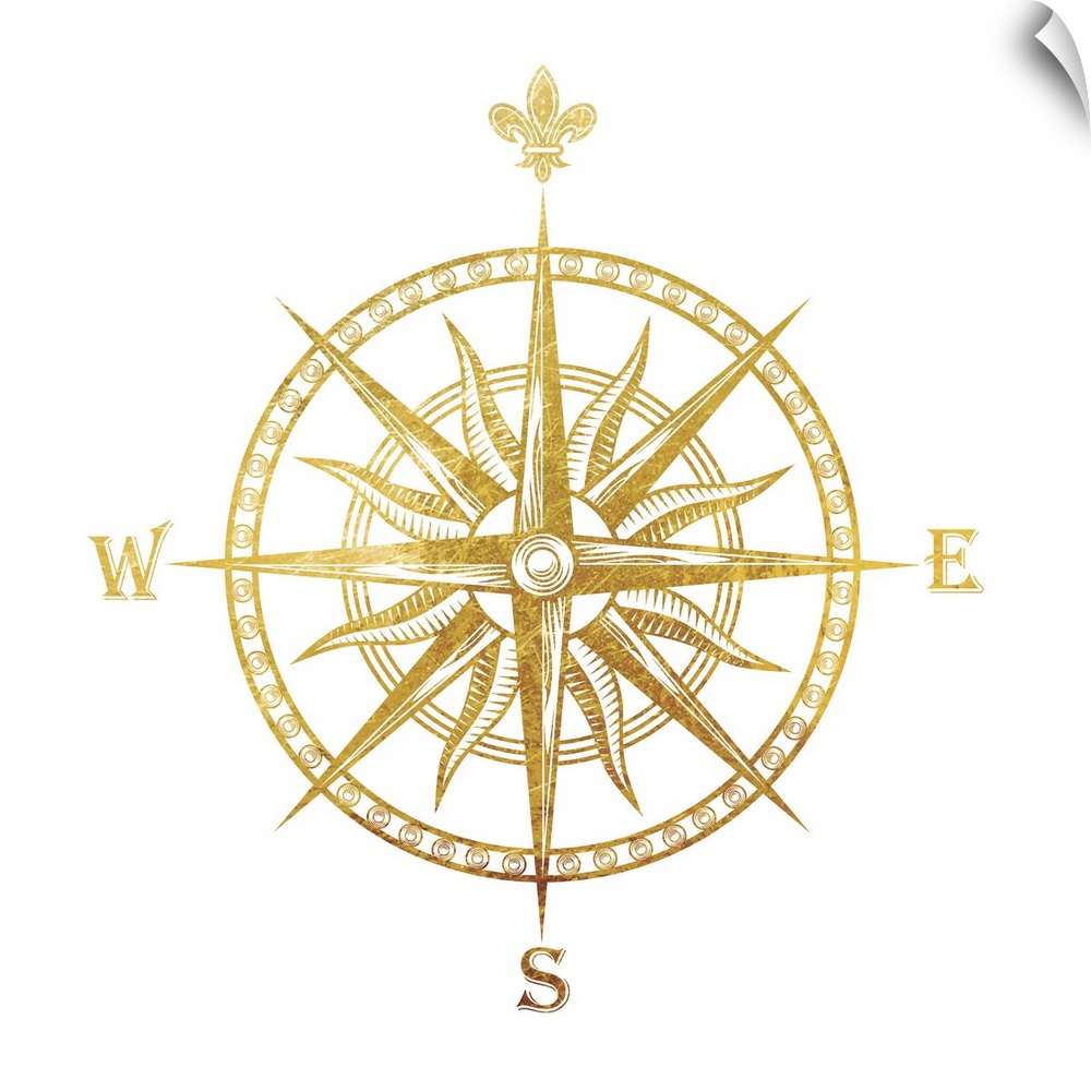 Gold foil compass with the fleur de lis used for the "N"on a white background.