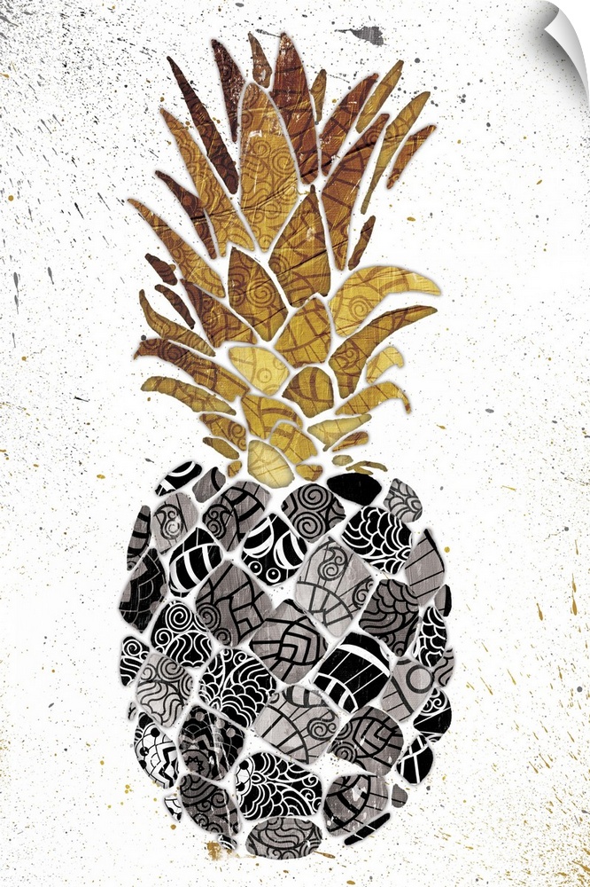 Pineapple with golden leaves an intricately designed patterns on its body.
