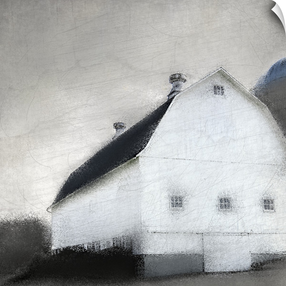 An image in shades of gray of a barn with trees behind it and a gray sky with a textured overlay.