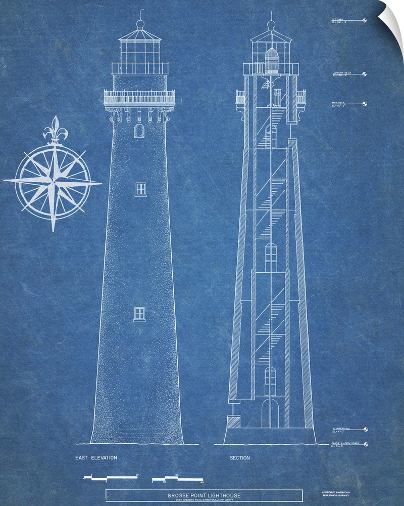 Contemporary artwork in technical blueprint style of Gross Point lighthouse.