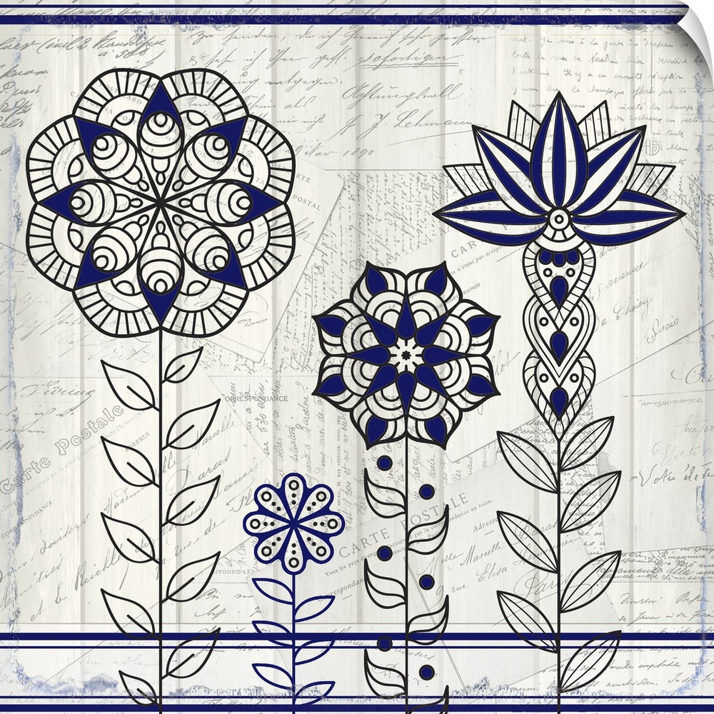 A black and blue symmetric design of four flowers with a collage of handwritten postcards in the background.