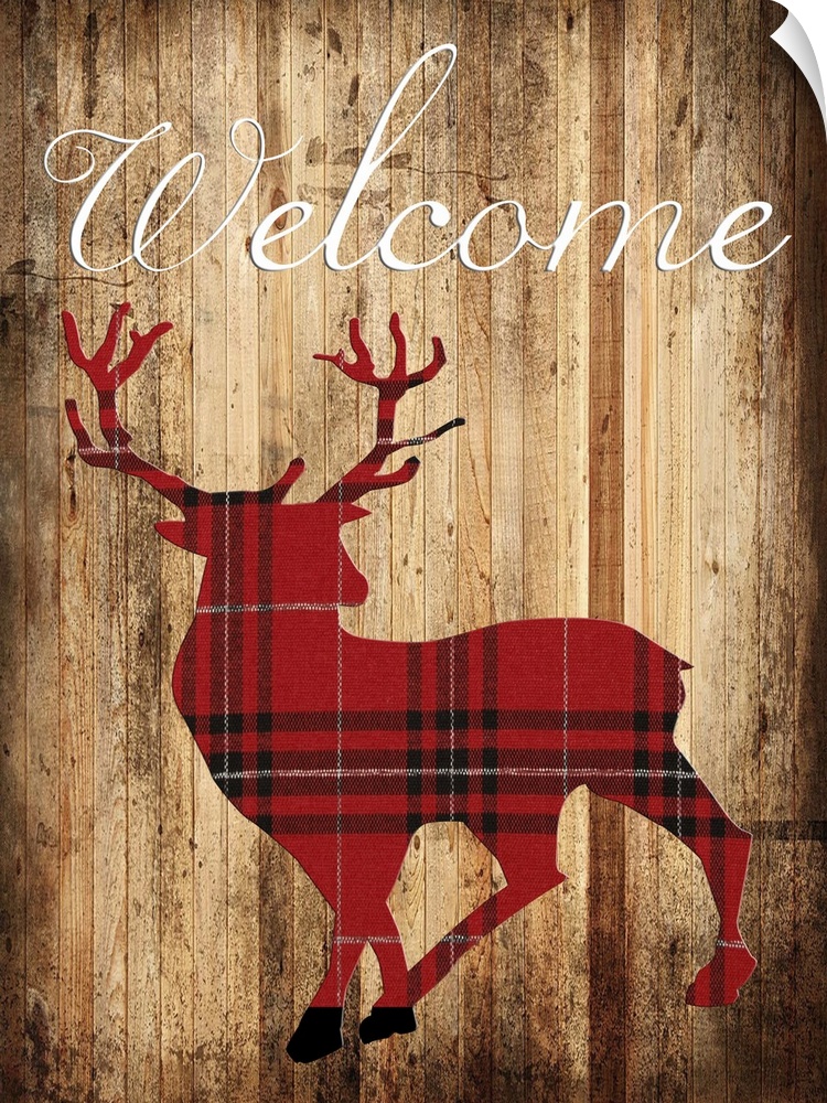 Silhouette of a deer in red plaid on a wooden board background.