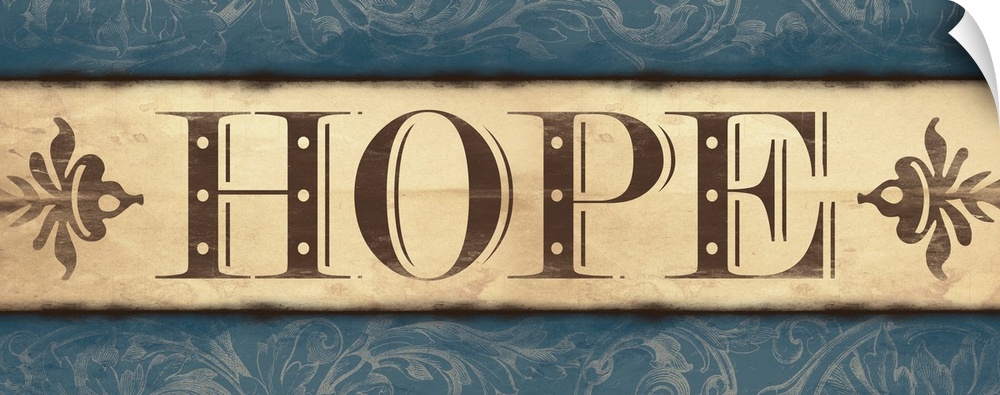 Landscape oriented inspirational artwork with the word "Hope" in the center of the image. With a floral patterned background.