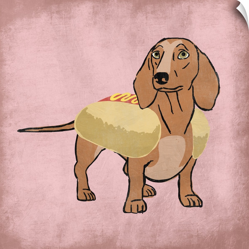 A painting of a doxen wearing a hot dog costume.