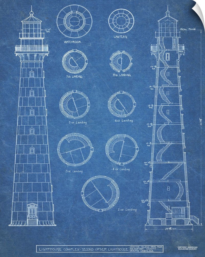 Contemporary artwork in technical blueprint style of Hunting Island lighthouse.