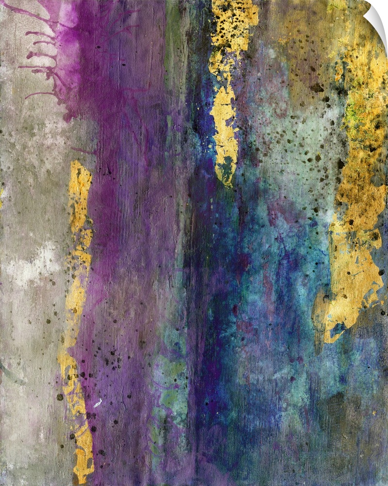 Contemporary abstract painting with gold shades contrasted with darker tones.