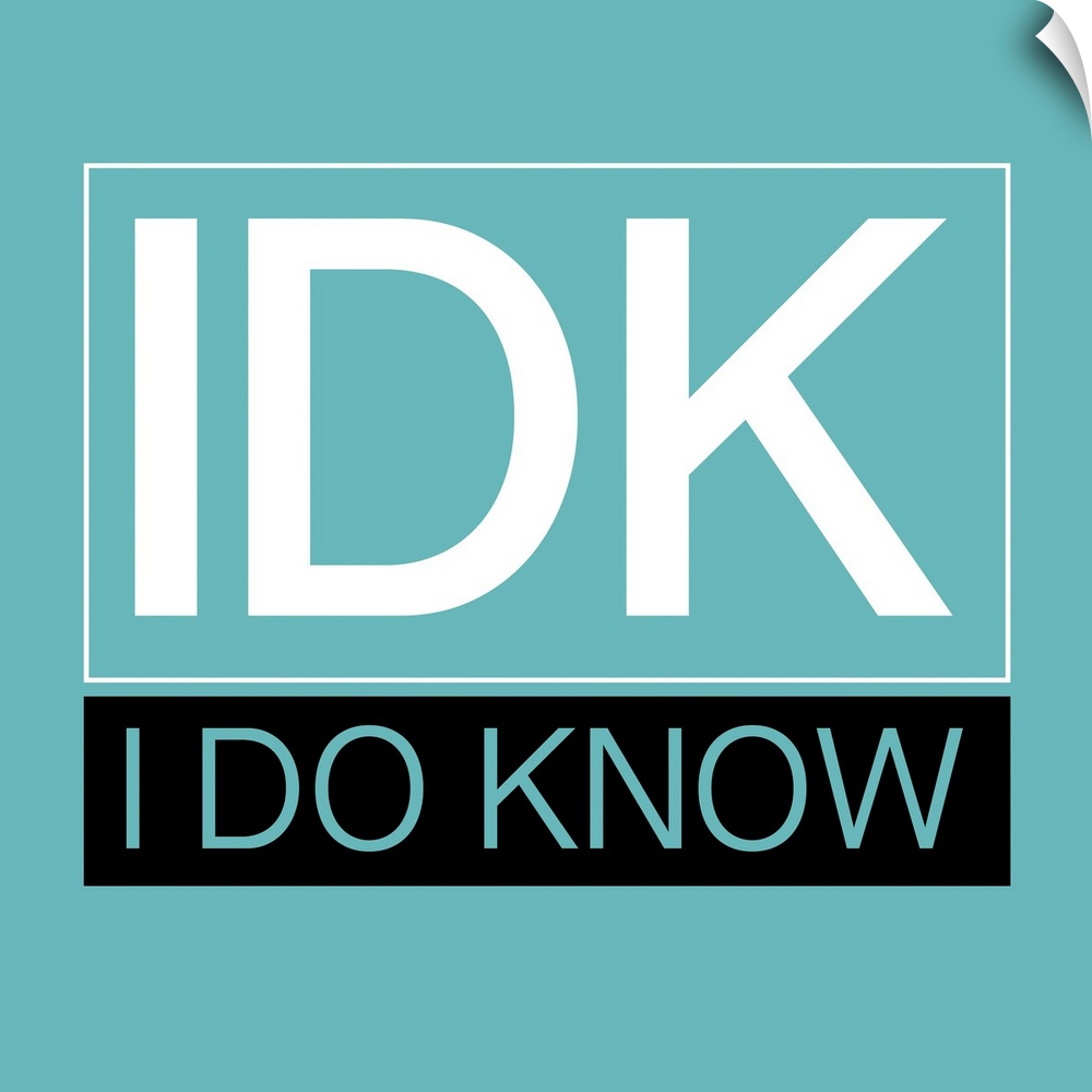 Typographical artwork with a solid teal background and white text "IDK" in foreground.