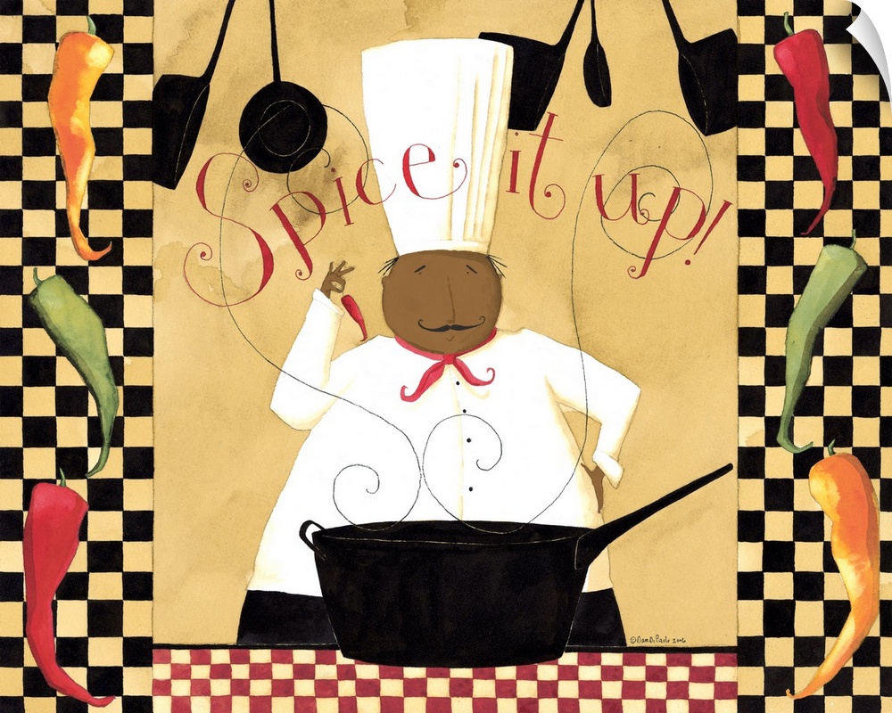 Happy chef standing in front of a sauce pan with steam rising from it. With the words "Spice it up" at the top of the image.