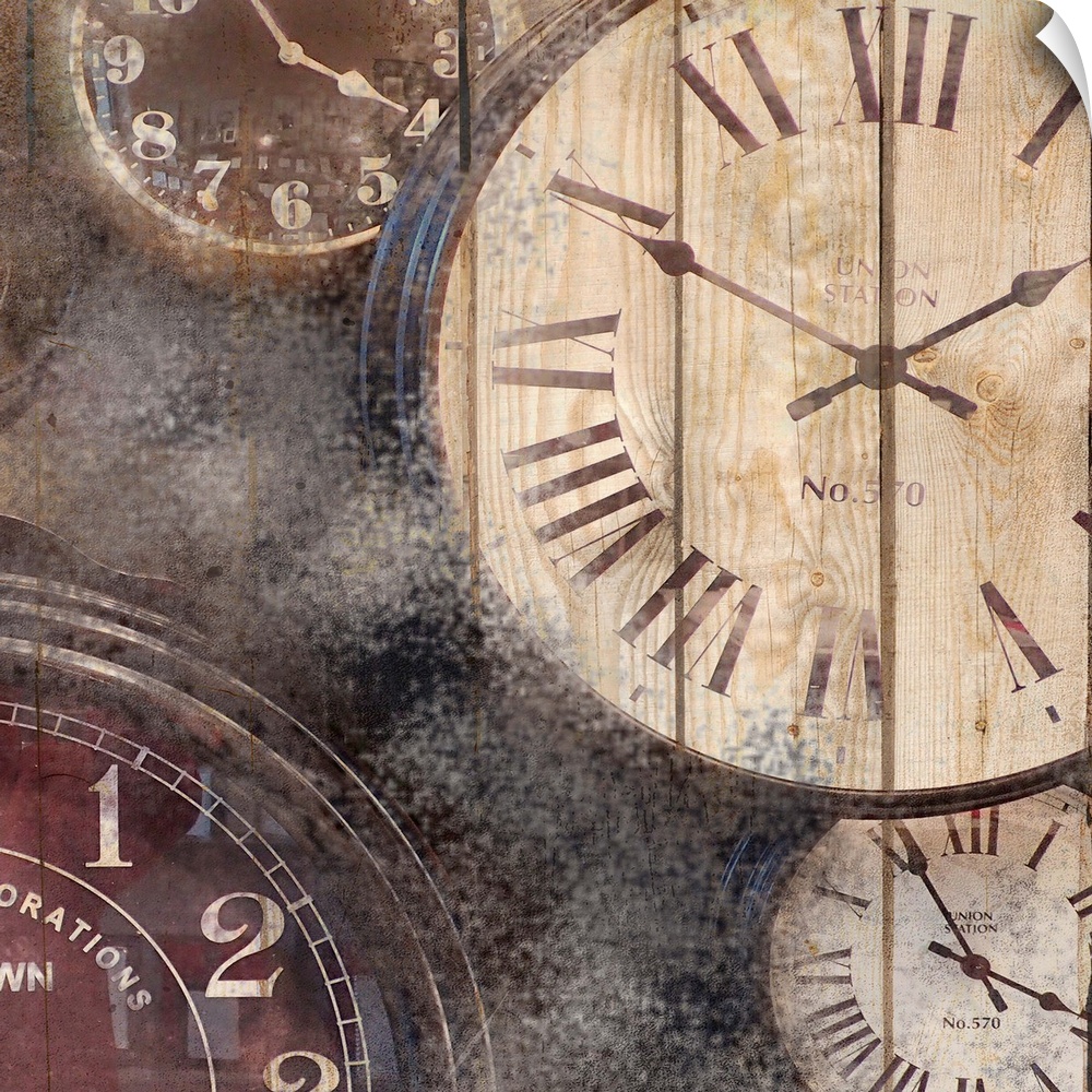 An assortment of watch faces on a textured background.