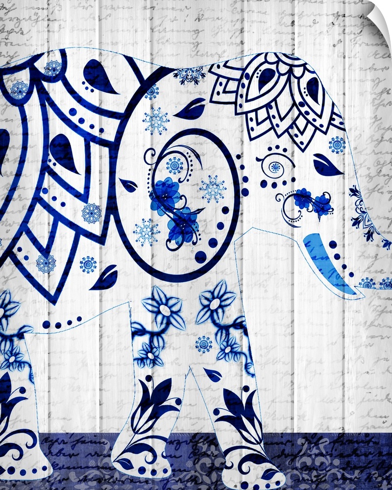 An elephant with a beautiful blue floral design pattern on a white wood panel background with faint handwriting.