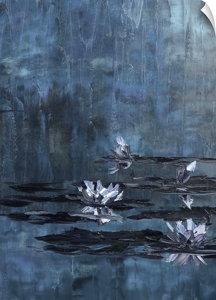 Contemporary painting of waterlilies in a dark blue pond.