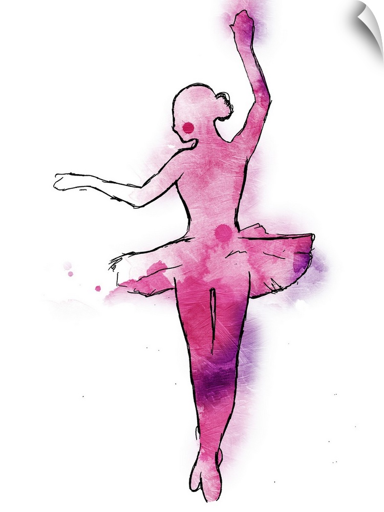 A black outline of a ballerina wearing a tutu painted with pink and purple hues on a white background.