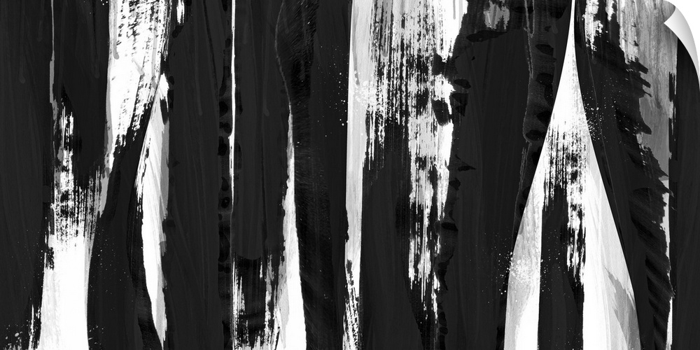 Abstract contemporary painting of heavy dark streaks moving vertically along the canvas.
